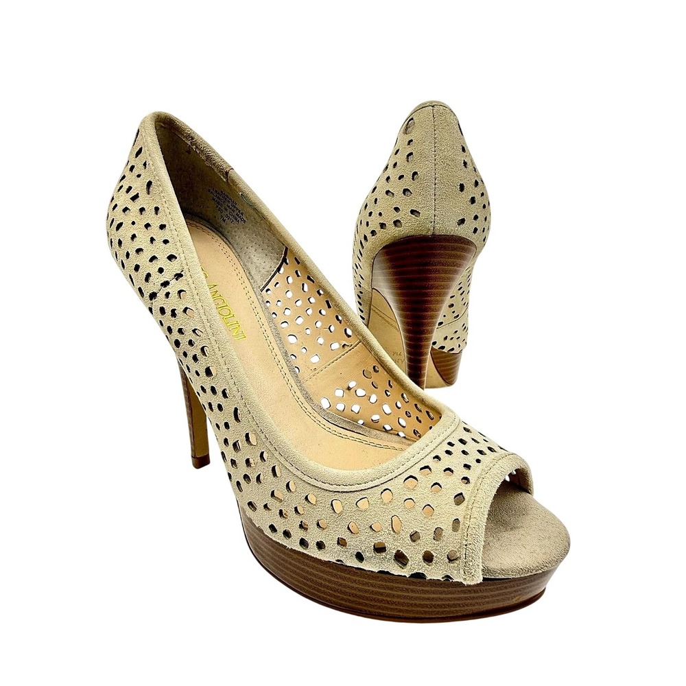 Enzo Angiolini Easully | Beige Suede Cutout Platform Peep Toe Pumps | Size 7